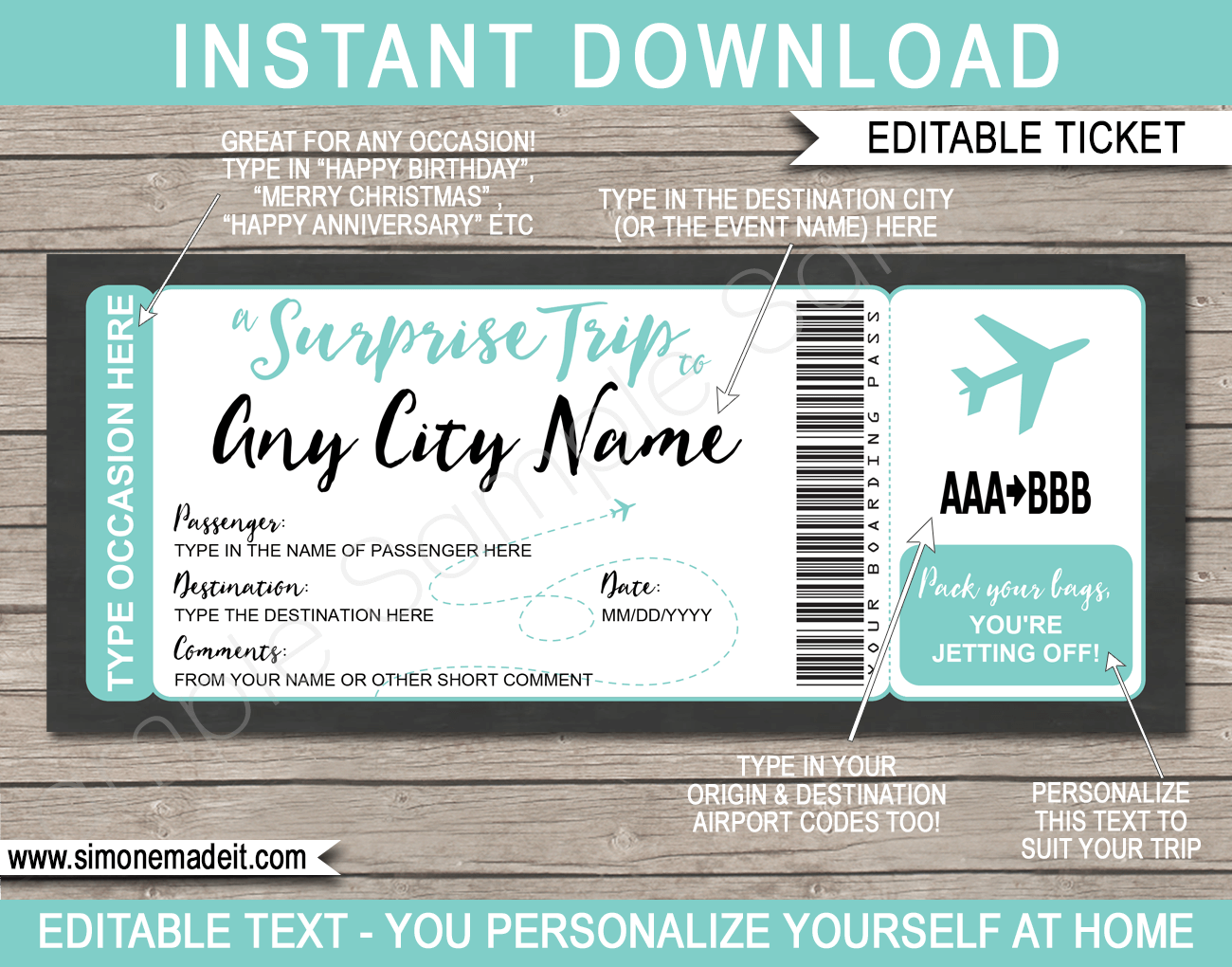 Surprise Trip Plane Ticket Template Printable Fake Boarding Pass Gift Surprise Trip Plane Ticket Template Printable Fake Boarding Pass Gift