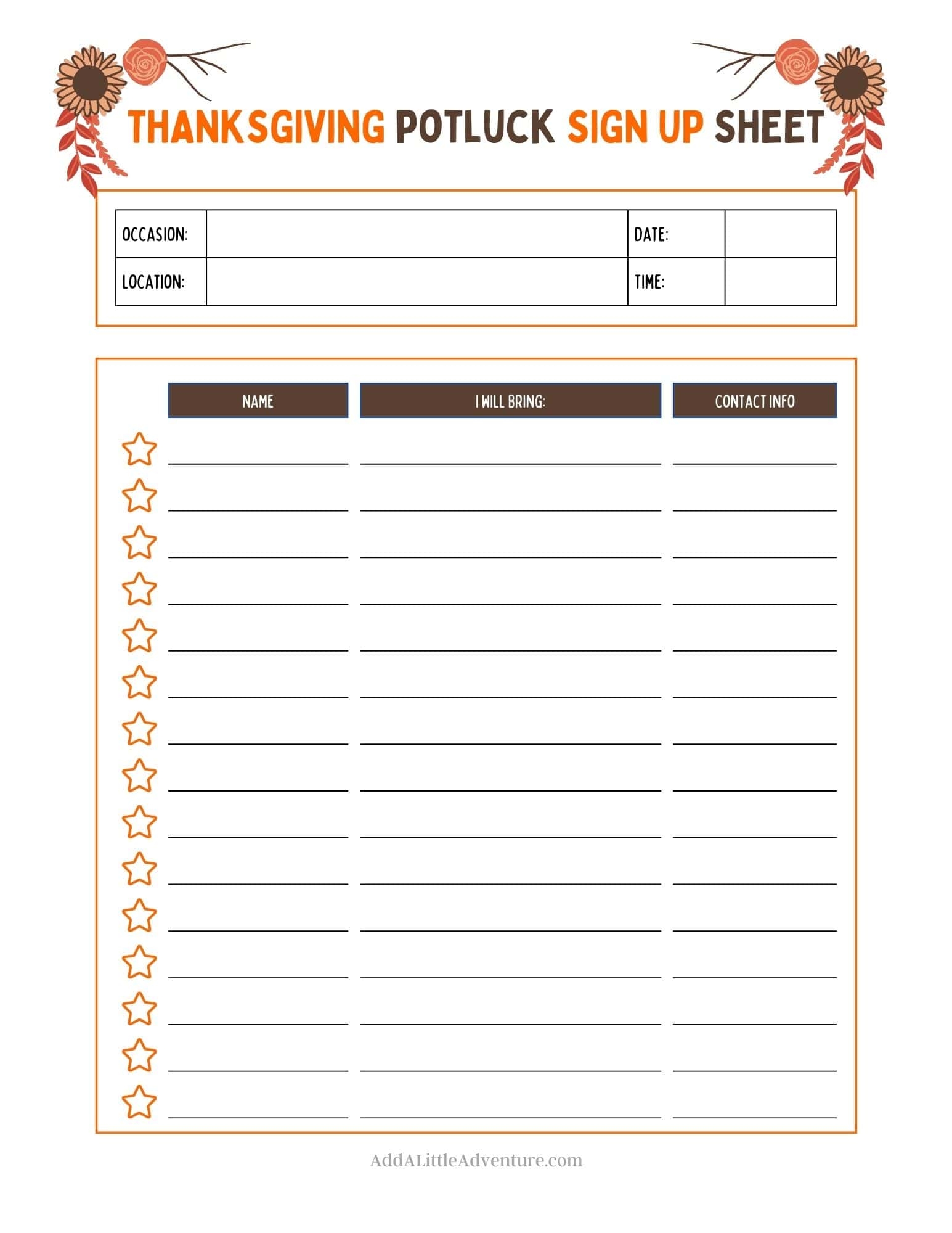 Thanksgiving Potluck Sign Up Sheets Free Printables Add A Little Adventure